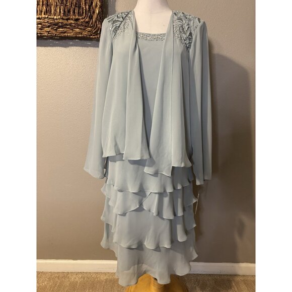 SLNY Jacket & Dress 18W Aloe Blue Ruffled Party Wedding Cruise Flowy NEW - Picture 5 of 16